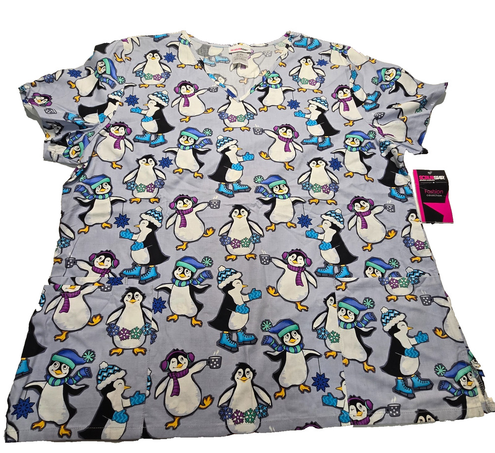 Scrubstar Women’s Penguin Winter Scrub Top NWT Gray Ice Skating Holiday XL